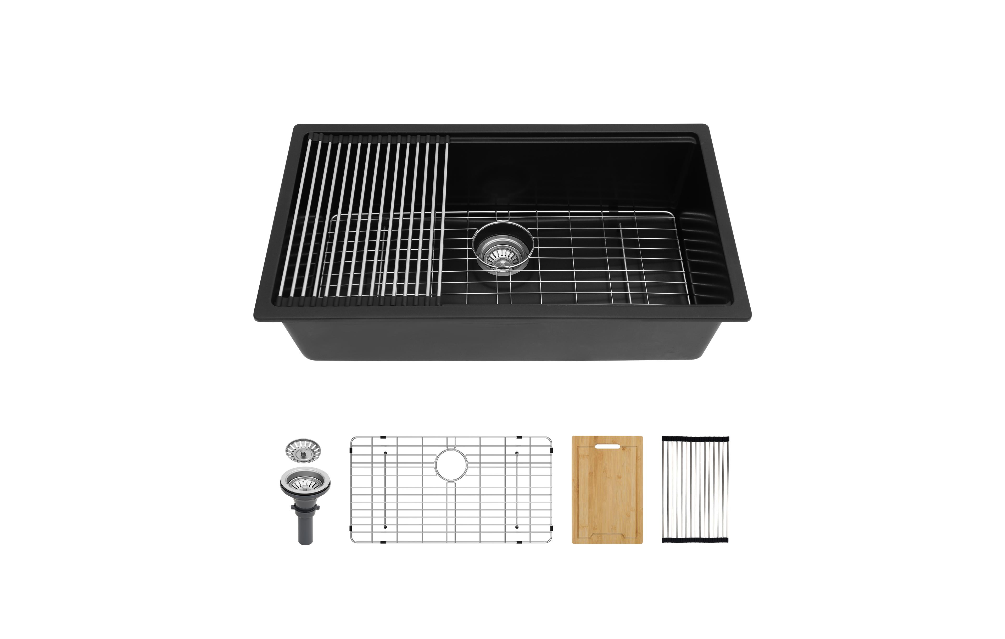 flynama 32x19x9.65inch Black Quartz Composite Undermount Kitchen Sink Workstation Granite Deep