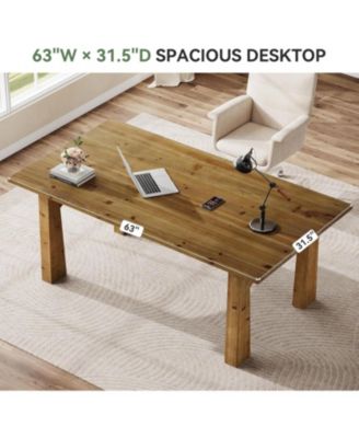 Solid Wood Executive Desk, 63-Inch Computer Desk with Sturdy Wooden Legs, Farmhouse Workstations Writing Table Conference Table