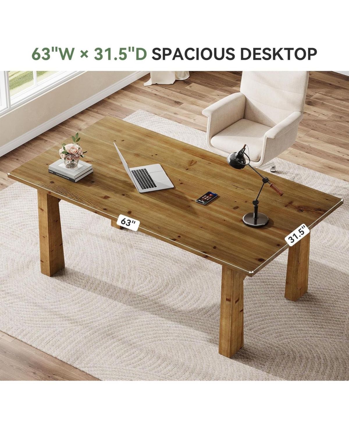 Tribesigns Solid Wood Executive Desk, 63-Inch Computer Desk with Sturdy Wooden Legs, Farmhouse Workstations Writing Table Conference Table
