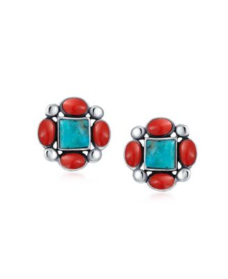 Western Native-American Style Turquoise & Red Stud Earrings .925 Sterling Silver