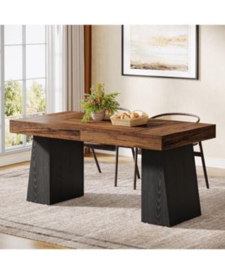 Dining Room Table for 4-6, 55-Inch Mid-Century Modern Dining Table with Double Pedstral, Rectangular Wood Kitchen Dinner Table