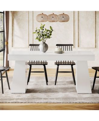 Dining Room Table for 4-6, 55-Inch Mid-Century Modern Dining Table with Double Pedstral, Rectangular Wood Kitchen Dinner Table