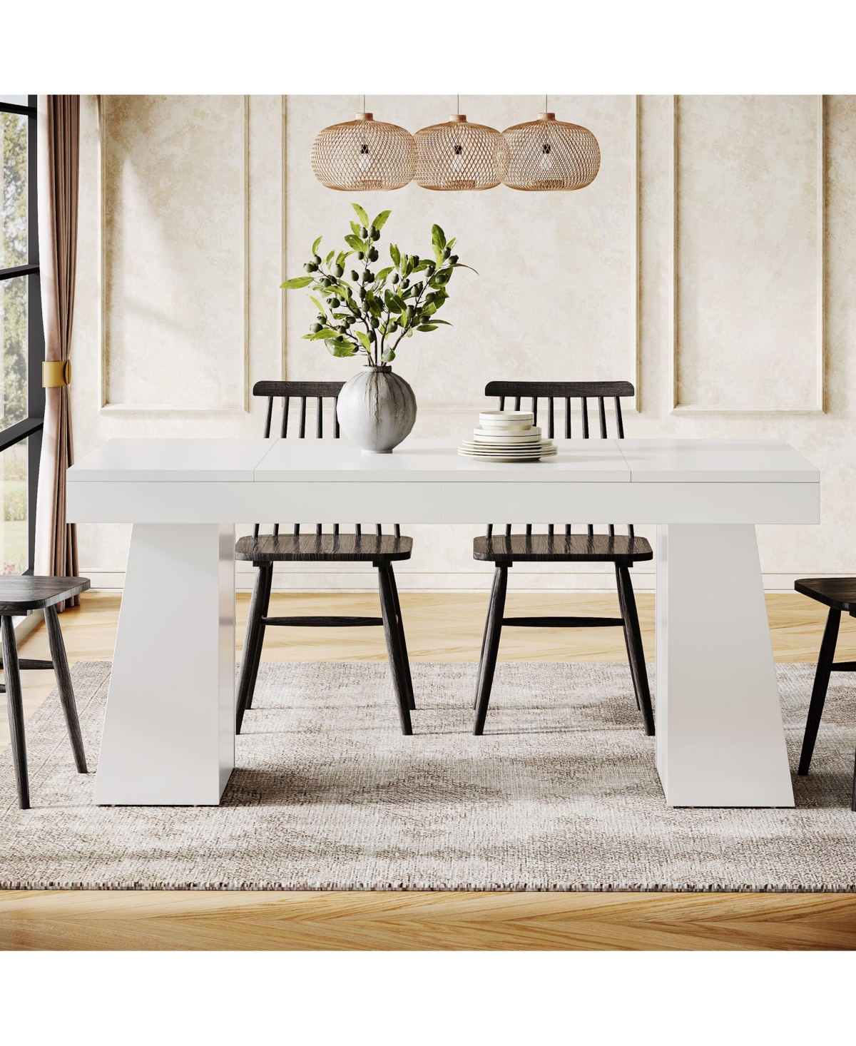 Tribesigns Dining Room Table for 4-6, 55-Inch Mid-Century Modern Dining Table with Double Pedstral, Rectangular Wood Kitchen Dinner Table