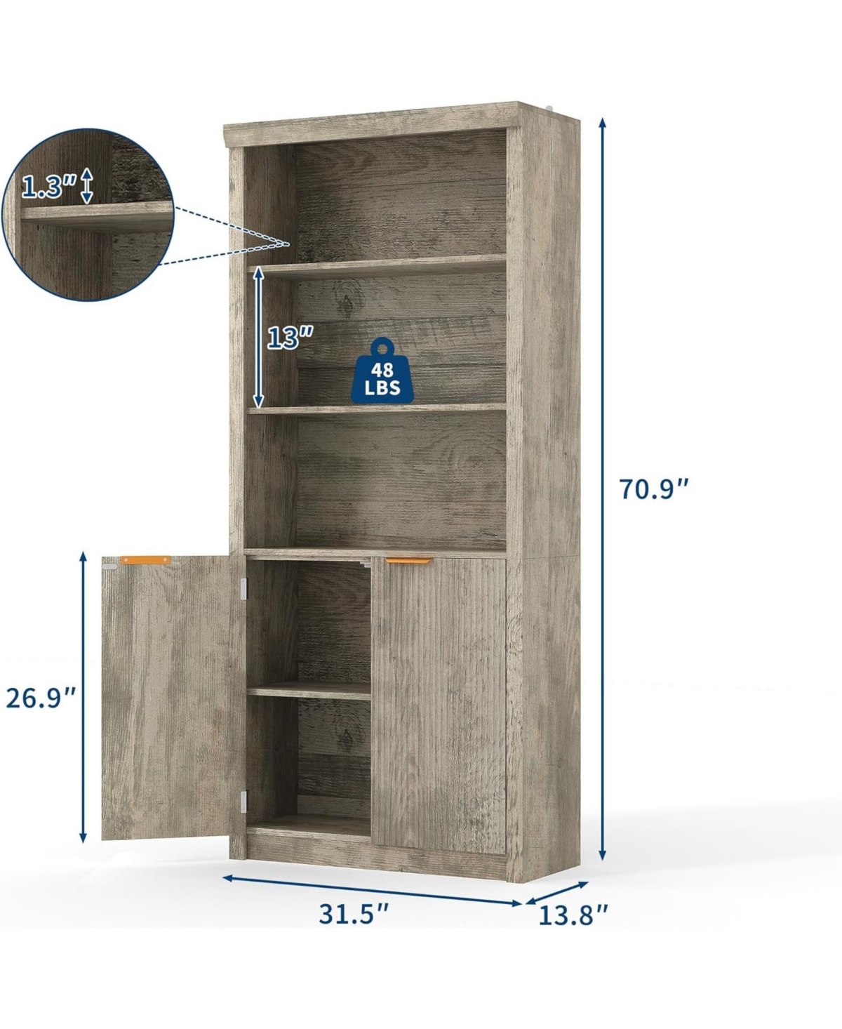 gaomon 71″ Tall Bookshelf with Fluted Doors (5 tier, adjustable shelf, mid century modern style)
