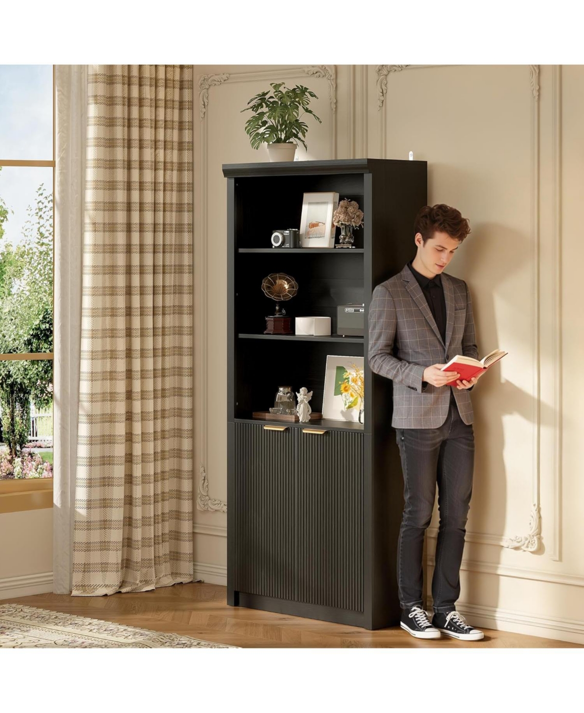 gaomon 71″ Tall Bookshelf with Fluted Doors (5 tier, adjustable shelf, mid century modern style)