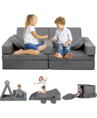 9-Piece Kids Modular Play Sofa, Convertible Foam Couch for Playroom, Grey