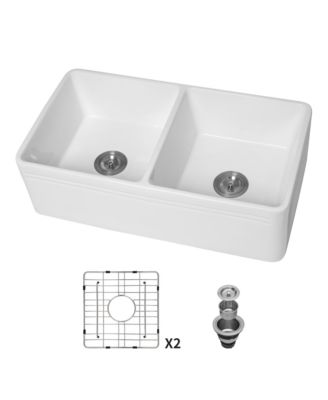 33x18x10inch White Farmhouse Sink Ceramic Porcelain Double Bowl Apron Front Kitchen