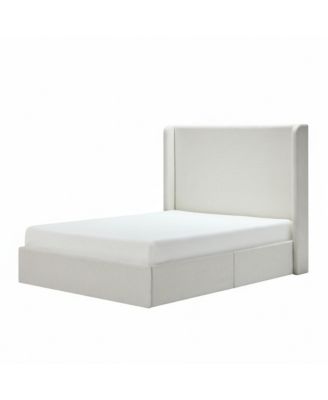 Carmen Upholstered Wingback Bed Frame with 54" Headboard, Textured Ivory Chenille