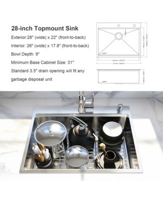 28x22inch Stainless Steel Workstation Sink Drop In Single Bowl 18 Gauge with Accessories