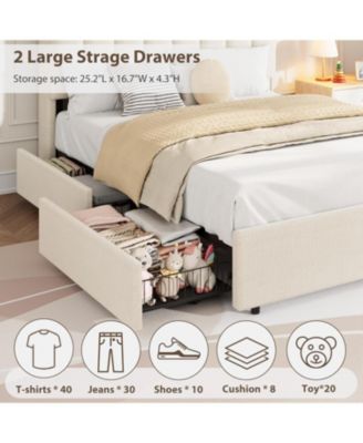 LED Twin XL Bed Frame with Storage Headboard, Boucle Upholstered Kids Bed with 2 Drawers, Wavy Bookcase Headboard - Full