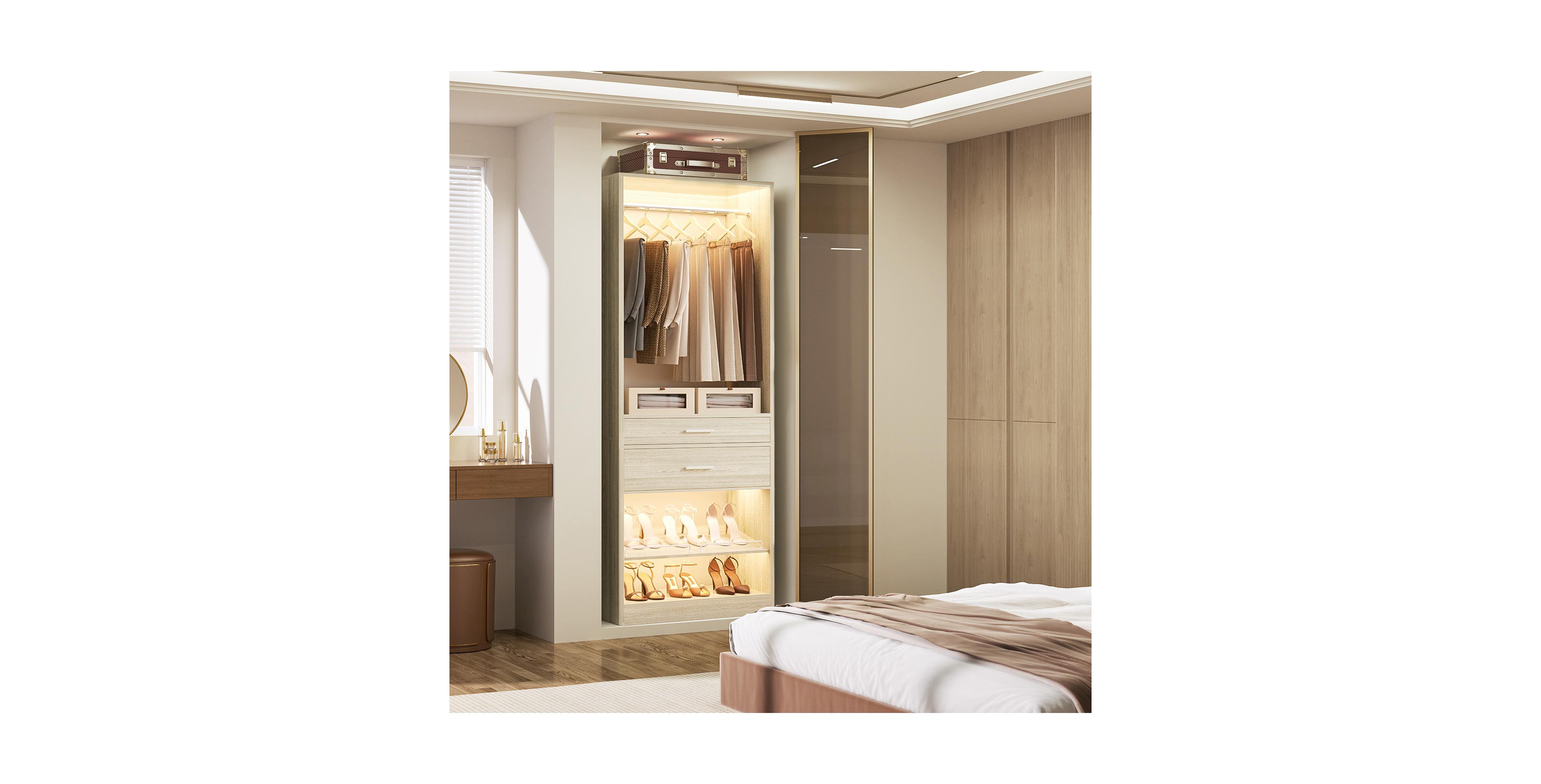 Aheaplus Closet Organizer with Wood Drawers and Shoe Rack, Freestanding Closet System with Hanging Rods
