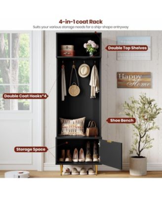 74" Hall Tree with Bench and Storage, Entryway Coat Rack with Shoe Bench and Hooks, Metal Legs