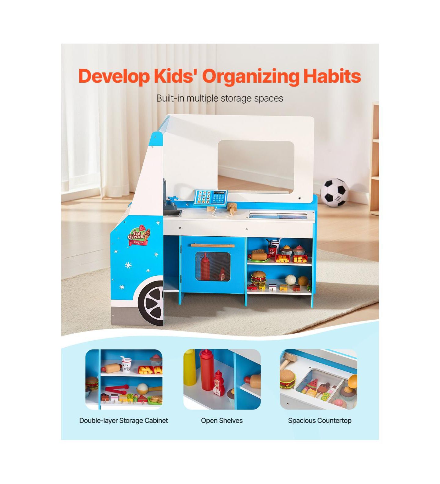 Детский игровой набор Slickblue Ice Cream Cart Steering Wheel & Chalkboard 20+ Piece Playset, от 3 лет, цвет: Синий — фото 6