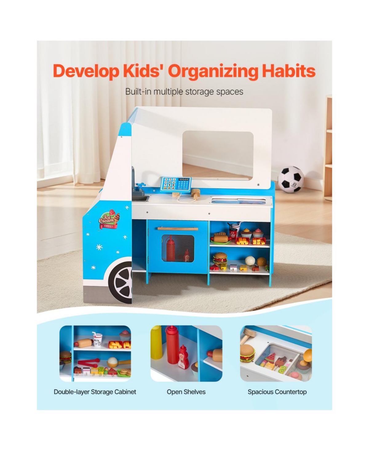 Slickblue Ice Cream Cart for Kids, 20+ Pcs Ice Cream Truck Wooden Playset, Pretend Play Stand with Steering Wheel & Chalkboard