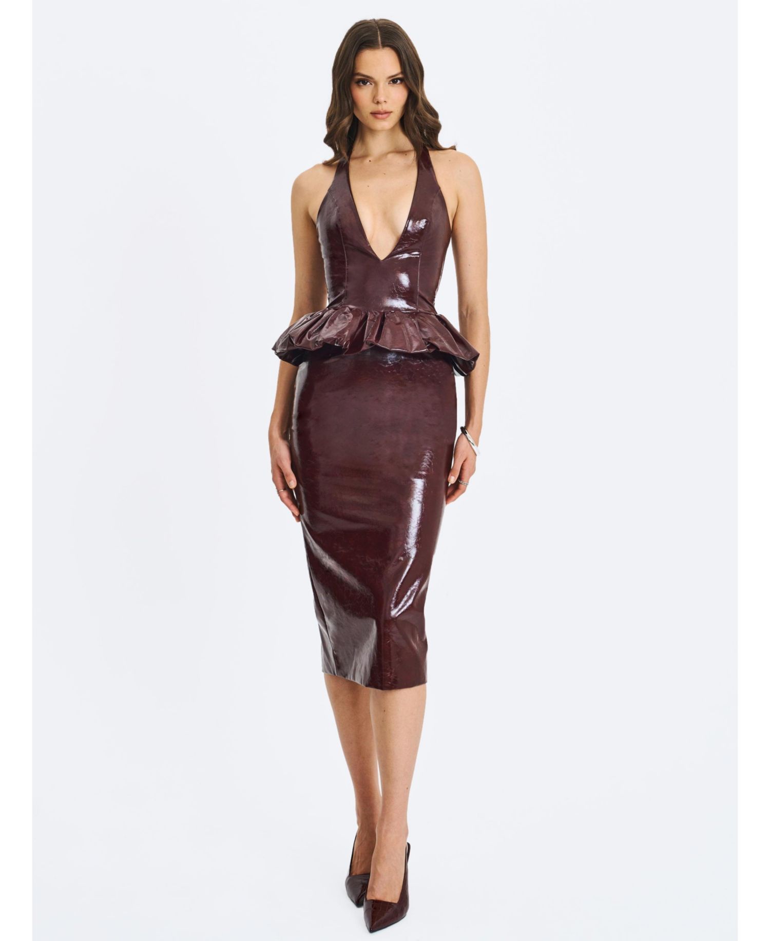 Women's Jaslene Mahogany Ruched Peplum Plunge Halter Midi Dress