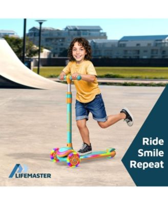 3-Wheel Kids Scooter, Aqua Orange, with multi-color LED deck & wheels, 5-height handlebar, wide anti-slip deck, safety certified.