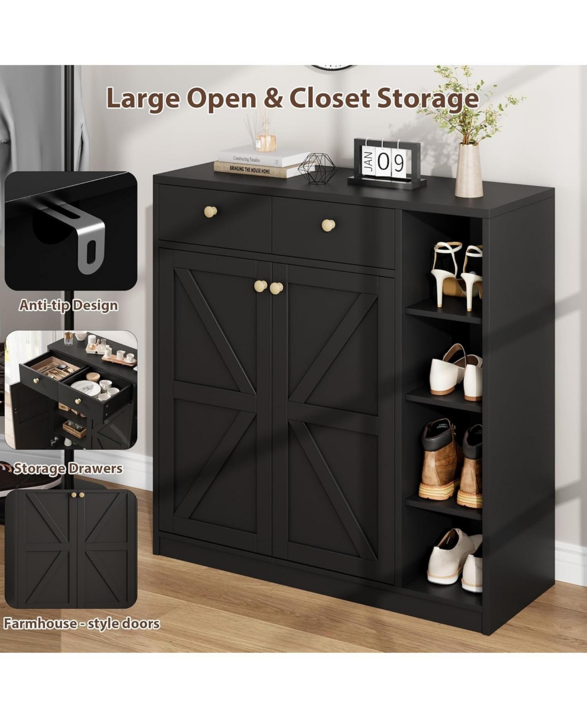 gaomon 42" Tall Shoe Storage Cabinet with Doors and Drawers, Modern 4-Tier Organizer, 3 Adjustable Shelves, Entryway Rack