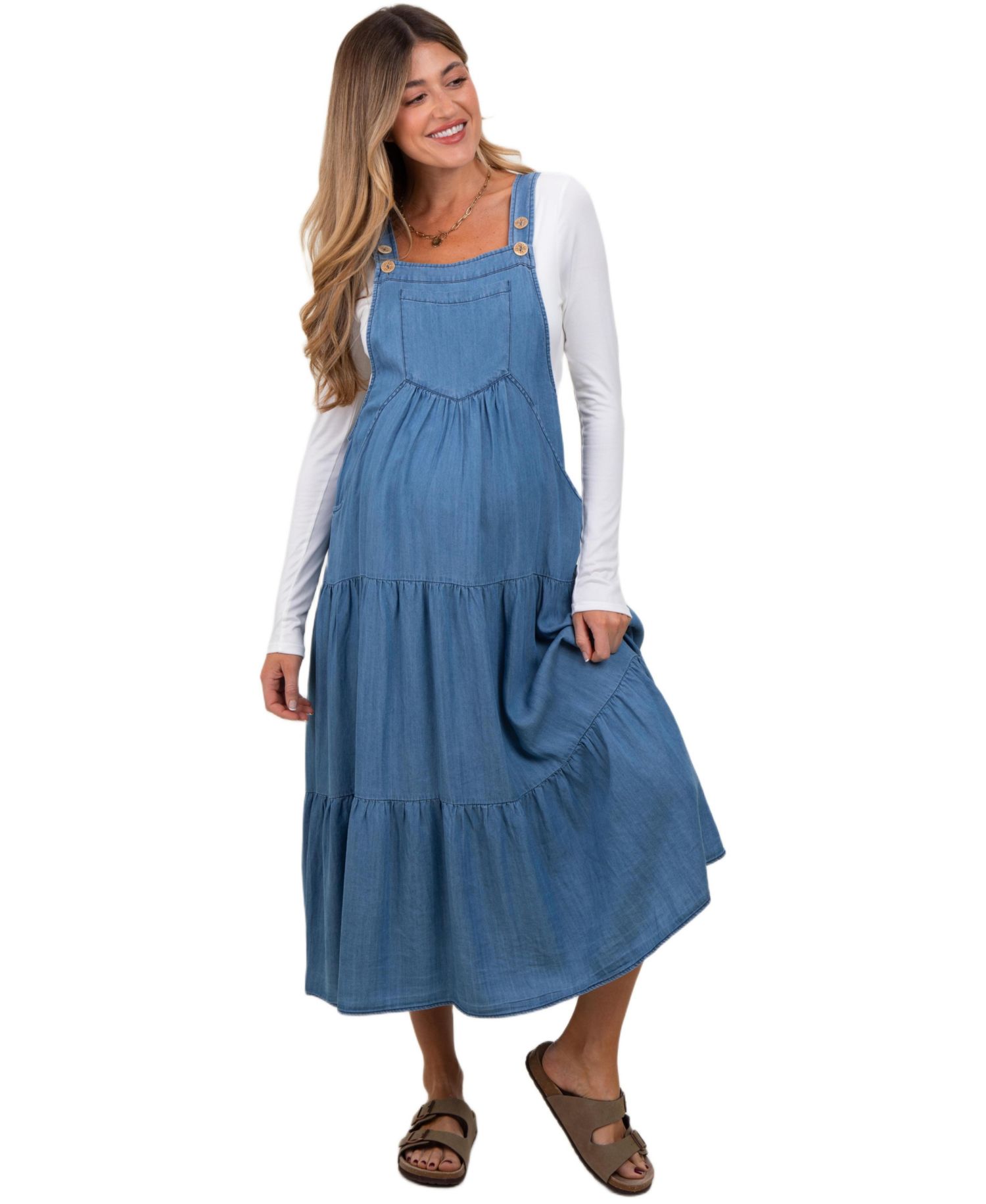 Women's Blue Chambray Overall Tiered Midi Dress