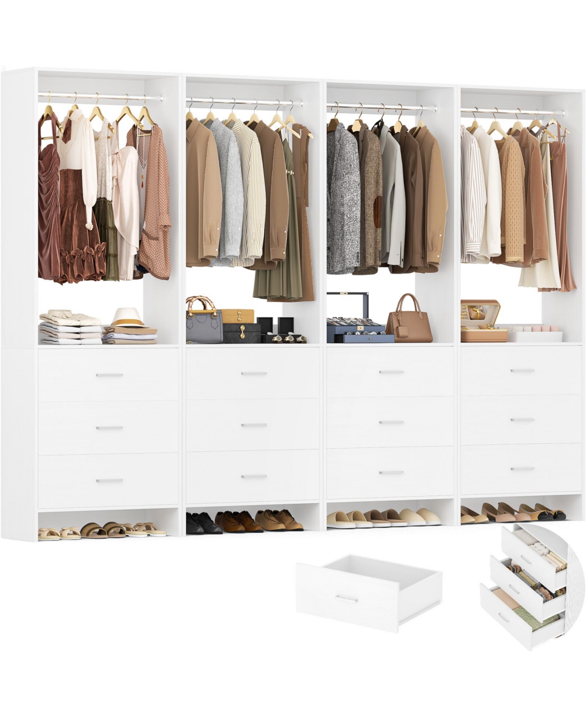 Aheaplus 24" Freestanding Closet Organizer System with Hanging Rods and Drawers