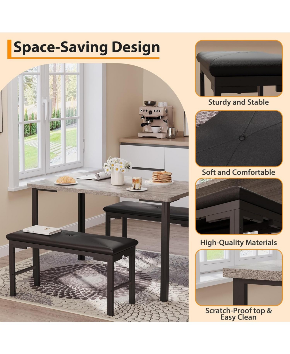 gaomon Dining Table Set for 4, 3-Piece Kitchen with 2 Upholstered Benches, Space-Saving Room Breakfast Nook and Small Spaces