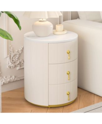 Round Upholstered Nightstand Bedside Table with 3 Drawers, Metal Handles, Marbling Stickers Top for Bedroom, Fully Assembled Except Handles
