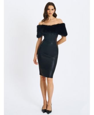 Women Bellis Black Fur Trim Mesh Panel Off-Shoulder Midi Dress