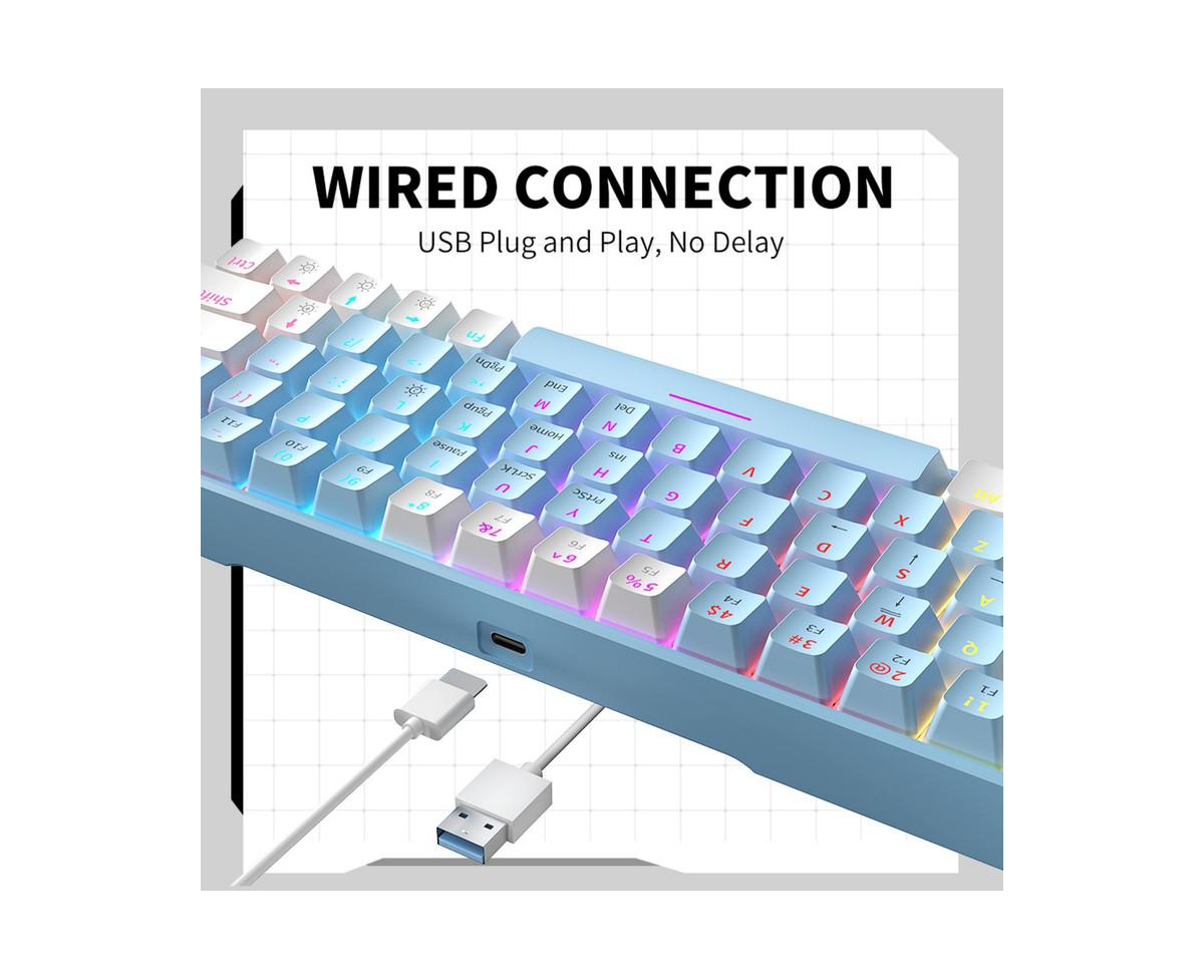 Risokeys 63-Key Wired Mechanical Keyboard, Blue Switch, Hot-Swappable, Rainbow Backlit – Compact Gray/Beige for Gaming & Work.