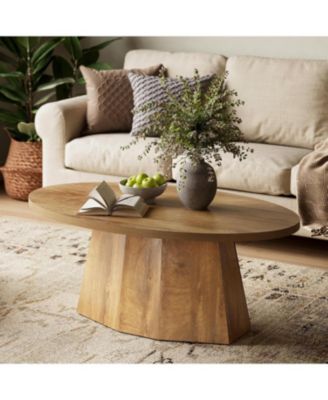 Oval Coffee Table, 47-Inch Living Room Table with Polygonal Pedestal, Modern Center Accent Furniture, Child-Friendly, Yellowish Brown