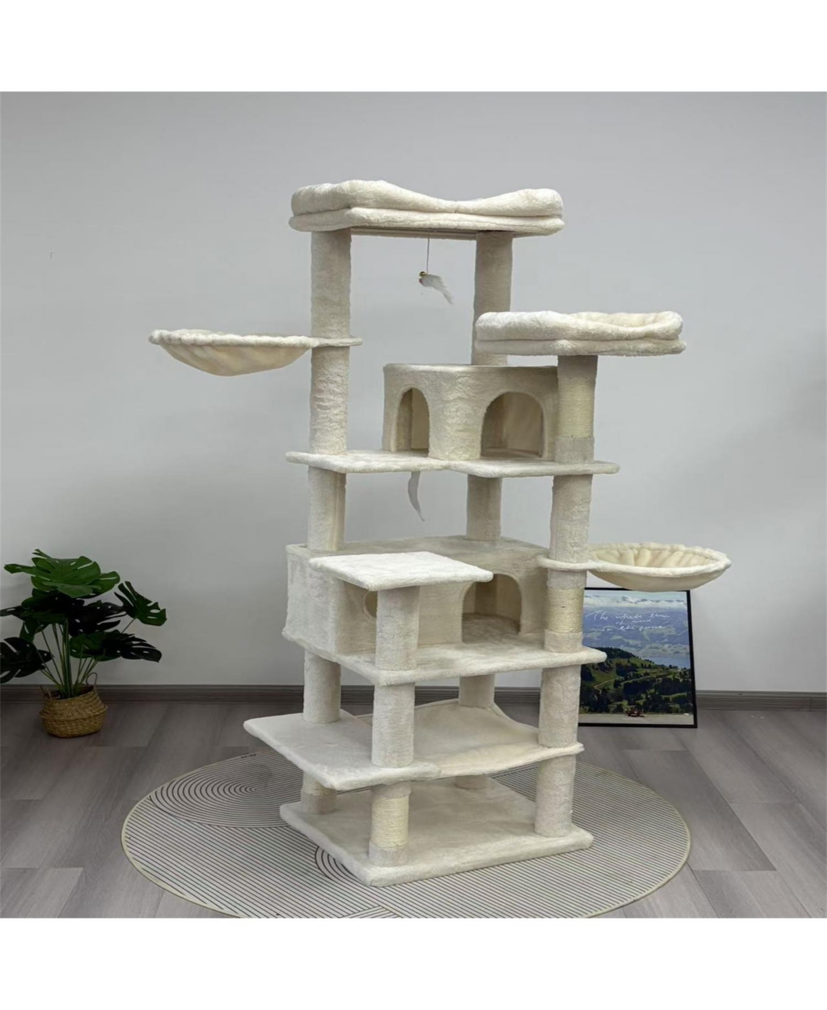 Aostirmotor 68-Inch Multi-Level Cat Tree with Cat Cave, Hammocks, Hanging Basket in Beige