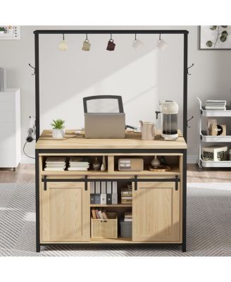 42" Kitchen Island with Power Outlet, Rustic Wood Coffee Bar, Sliding Barn Door, 9 Hooks, Open Shelves & Mobile Storage Cabinet