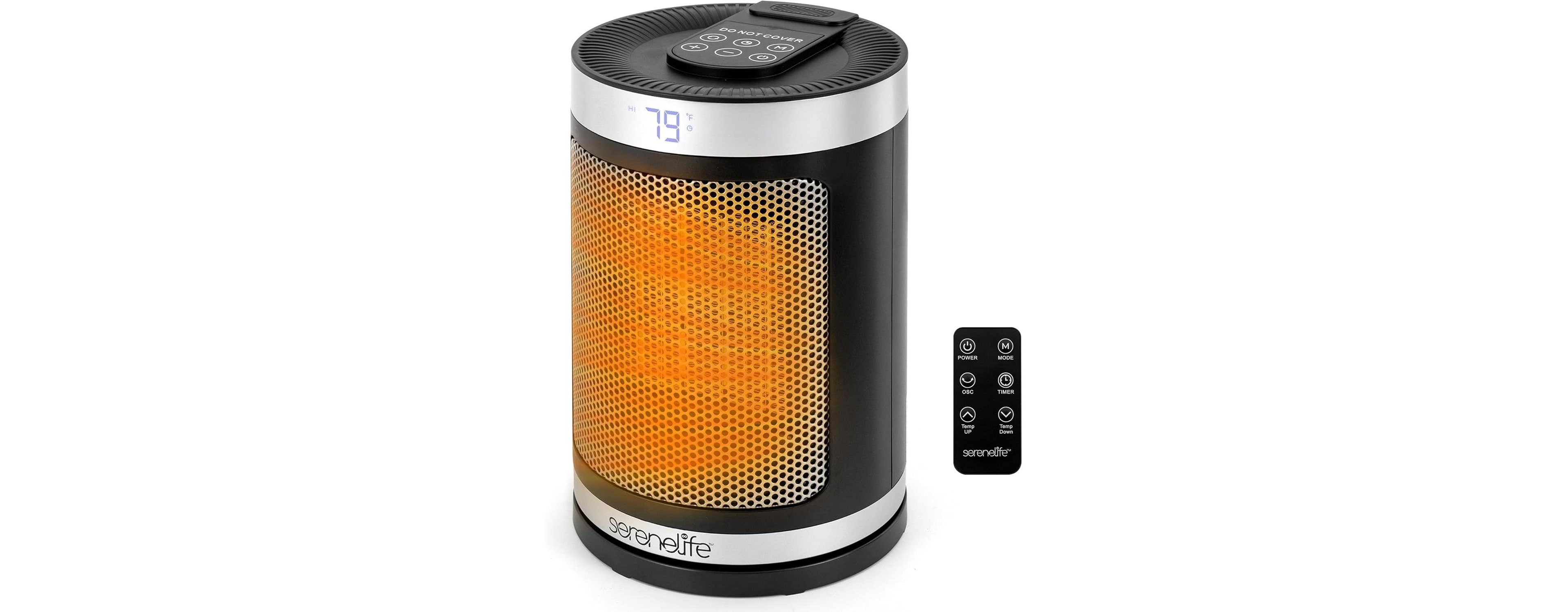 SereneLife Portable Space Heater, 1500W Ptc Ceramic Heater with Thermostat, Remote, 12-Hour Timer, 3 Modes, Oscillation, Black