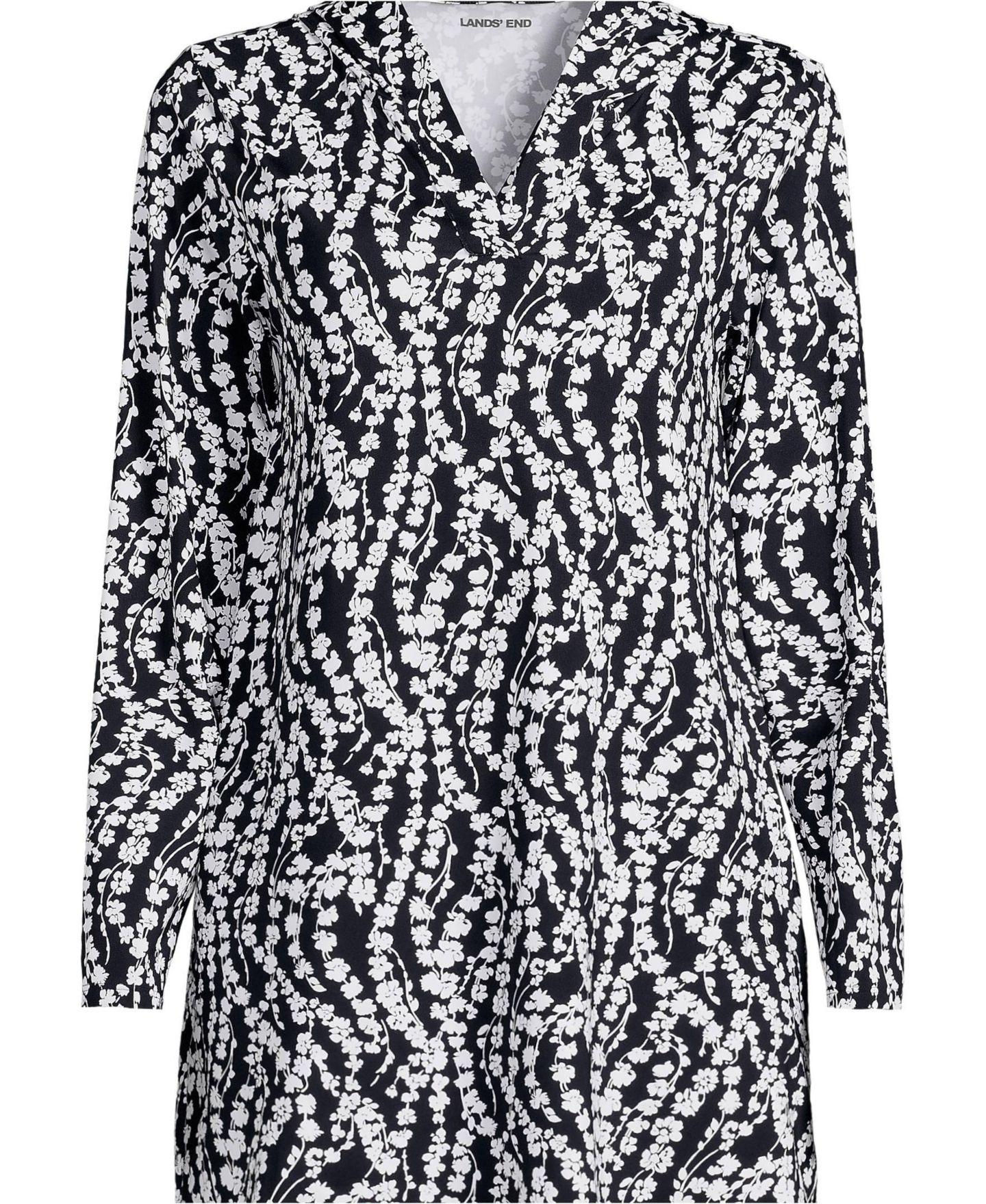 Женское платье Lands' End Cotton Jersey Long Sleeve Hooded Swim Cover-up, цвет: Чёрный / Белый с принтом — фото 3