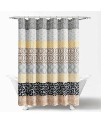 72-Yellow Black White Grey Floral Damask Boho Polyester Shower Curtain
