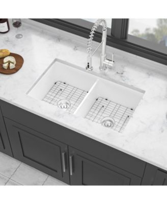 32x19x10inch White Fireclay Double Bowl Kitchen Sink Undermount Dual Mount