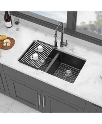 huluwat Black Quartz Composite Kitchen Sink Double Bowl Undermount