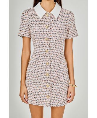 Women's Multi Tweed Collared Short Sleeve Dress