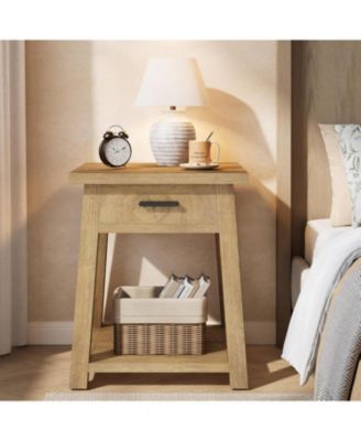 Farmhouse Square Side Table Set of 2, 2 -Tier Wooden End Table with Drawer, Rustic Nightstands with Shelf Storage