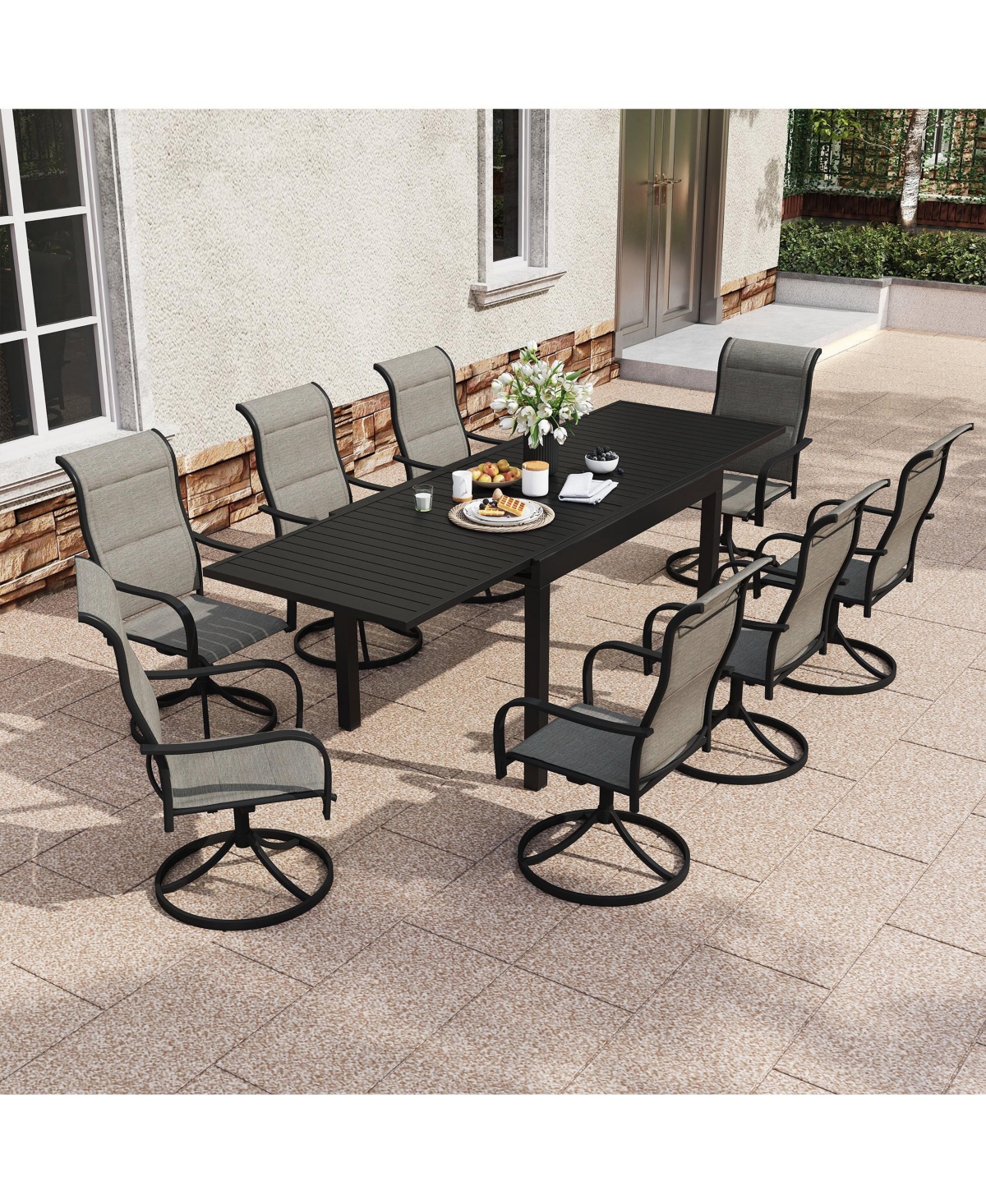 Boyel Living 9-Piece Outdoor Dining Set with Aluminum Extendable Table 53"- 106" and Swivel Dining Chair