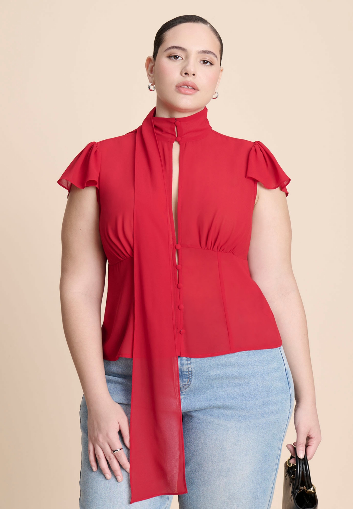 Eloquii Women's Flutter Sleeve Top With Necktie