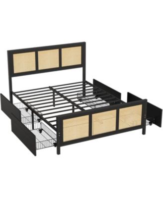 Easy Assembly Queen Size Rattan Accent Storage Bed Space Saving, for Living Room, Guest Room