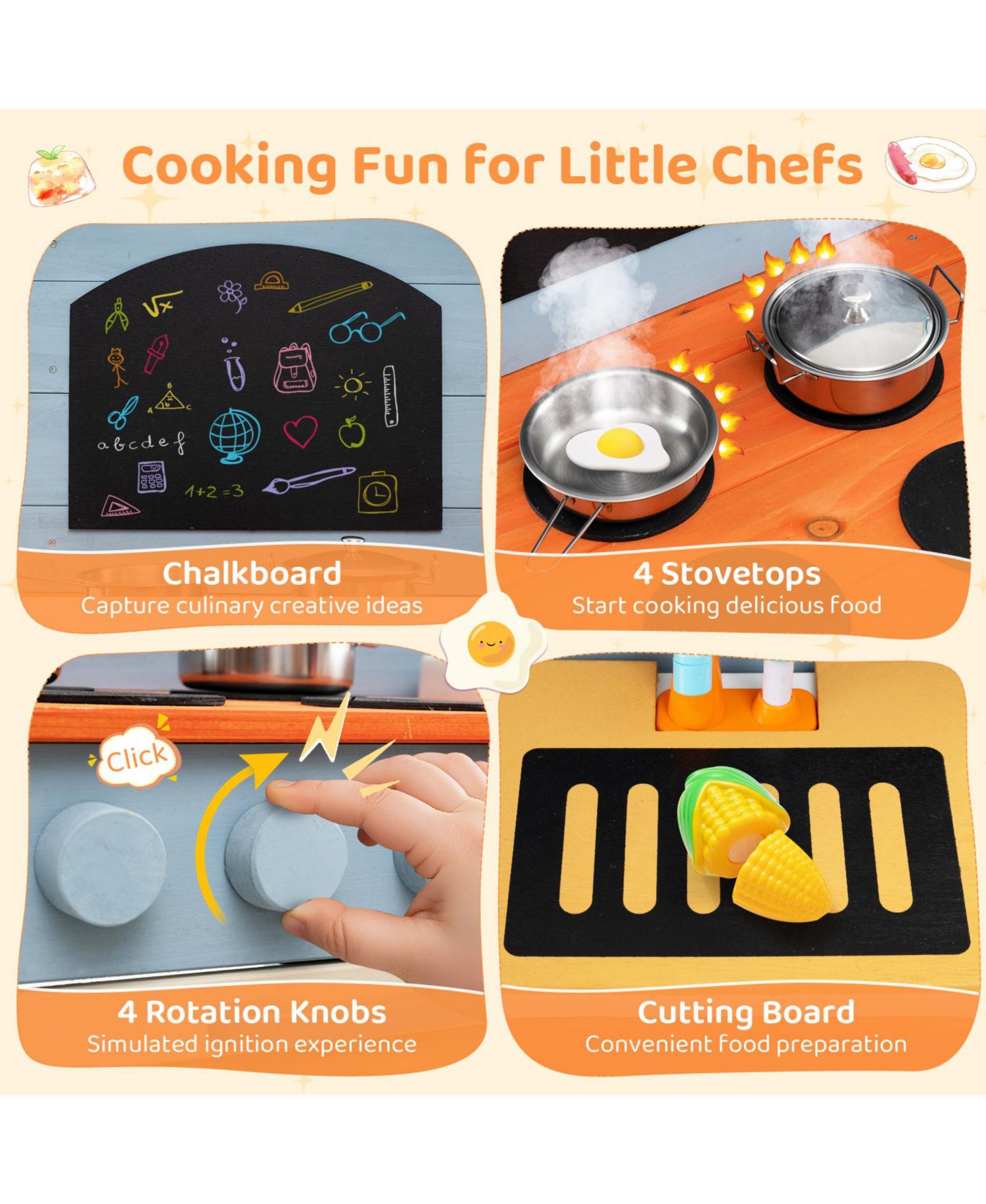 Wooden Toy Kitchen Playset with Removable Faucet, 33" x 14" x 33.5"