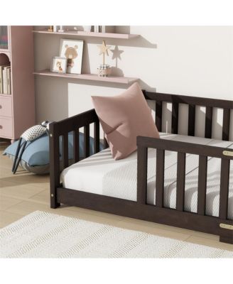 Twin Size Floor Bed with Safety Fence Rubber Wood Kids Bed for Toddler Room & Play Space