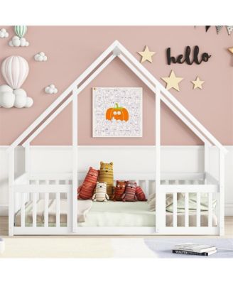 Full Size Wood House Floor Bed with Safety Fence & Roof Frame Play Bed for Kids and Teens