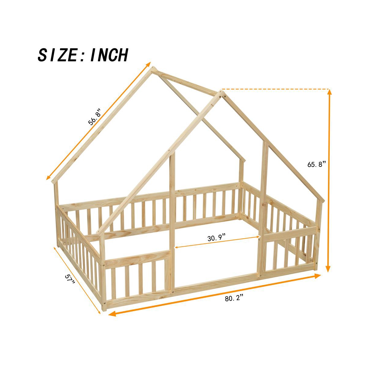 Cesicia Full Wood House Floor Bed with Safety Fence & Roof Frame Play for Kids and Teens