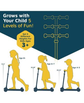 3-Wheel Kids Scooter, Blue Red, with multi-color LED lights, 5-height adjustable handlebar, wide anti-slip deck, safety certified.