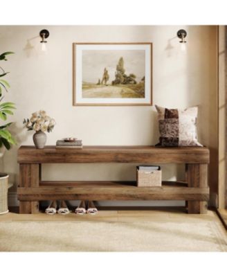 Entryway Bench, 59-Inch Farmhouse Shoe Bench Seat, 2-Tier Narrow Long End of Bed Storage Benches, Rustic Brown
