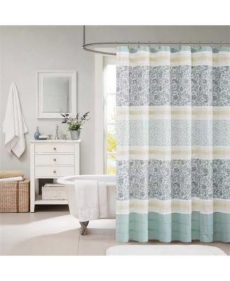 72 x 72-in Cotton Shower Curtain with Teal Blue Grey Cream White Paisley Pattern