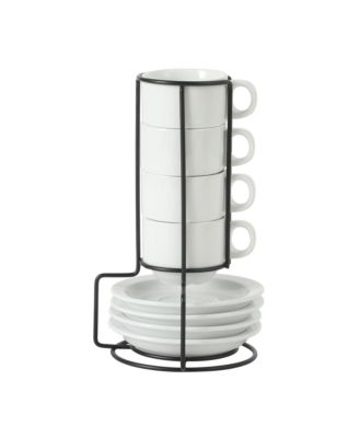 Gracious Dining 3-Ounce Espresso Cups Set of 4, Small Stackable Coffee Cups with 4 Saucers, Metal Stand, Ceramic Demitasse Mugs