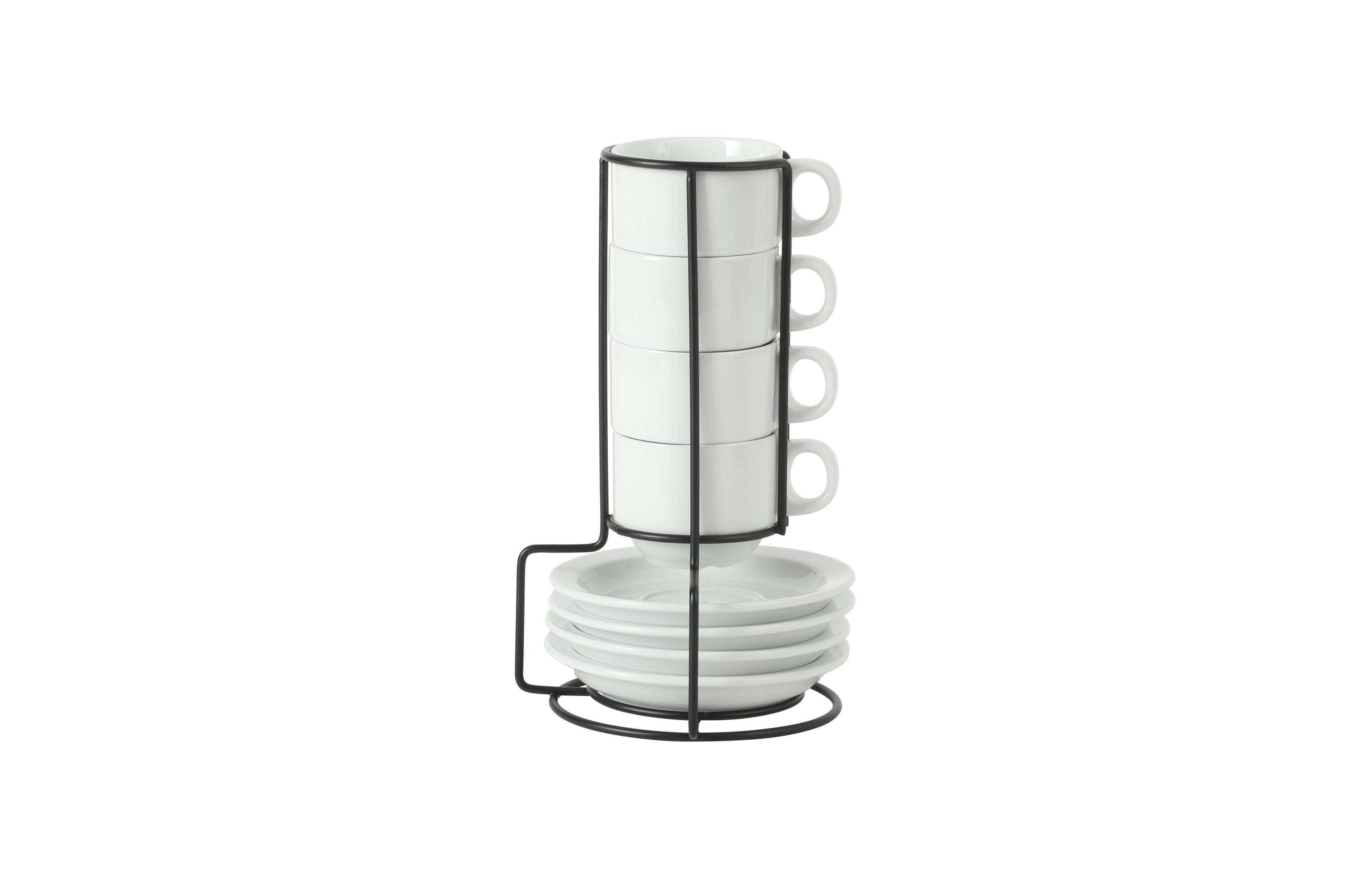 Gibson Home Gracious Dining 3-Ounce Espresso Cups Set of 4, Small Stackable Coffee Cups with 4 Saucers, Metal Stand, Ceramic Demitasse Mugs