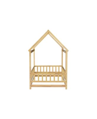Twin House-Shaped Floor Bed with Fence & Roof Frame Wooden Play Bed for Kids Room